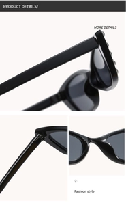 Detail shots of black cat-eye sunglasses showing hinges, nose pads, and rhinestone temple