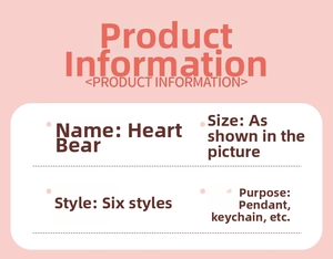 Detailed product information chart for colorful resin heart bear keychains in six styles