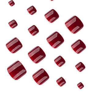 Glossy wine red press-on toenails in various sizes with a high-shine polished finish