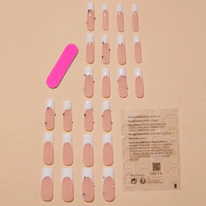 Long coffin press-on nails with white French tips and rhinestones with glue kit