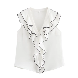 Women Sleeveless Ruffle Blouse Polyester Contrast Binding V Neck Casual Loose Elegant Summer Streetwear Fashion Top