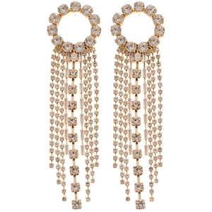 Elegant sparkling rhinestone tassel earrings with circular studs and silver pins