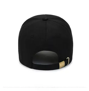 Detail view of black baseball cap showing back metal buckle and premium stitching