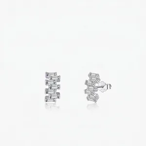 Geometric Stud Earrings 925 Sterling Silver Baguette Cut Cubic Zirconia Layered Minimalist Jewelry For Women