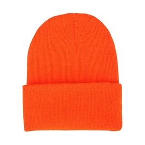 Neon orange knitted beanie hat in a classic fold-over cuff style on white background