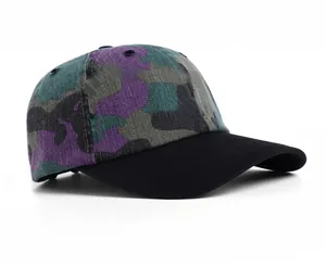 Side view of camouflage baseball cap with purple and green patterns and black brim