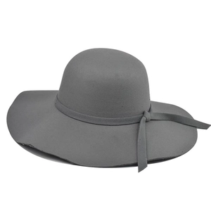 Close-up of a grey floppy wool fedora hat featuring a wavy brim and matching ribbon tie