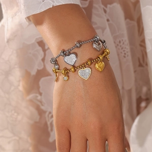 DIY stainless steel beaded heart bracelet with zircon star and moon charms