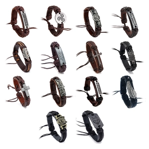 Braided Leather Bracelet Men Women Adjustable PU Cord Hemp Rope Retro Alloy Charm Cross Owl Wolf Ethnic Vintage Jewelry