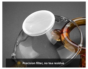 Macro shot of glass tea strainer with ultra-fine white filter mesh and amber handle