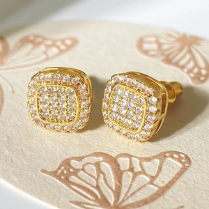 Hip hop square stud earrings in 18k gold plating with full micro-pave cubic zirconia