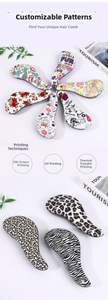Detail view of various printed patterns on ergonomic hairbrushes with floral and animal motifs