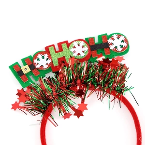 Christmas headband with red antlers, tinsel tassels and a sparkly HOHOHO felt sign