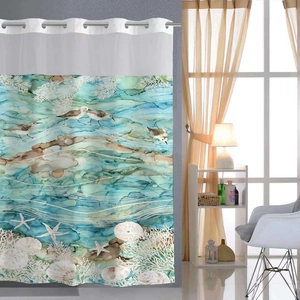 Detail of aquatic shower curtain featuring watercolor sea birds, corals and starfish prints