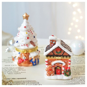 Ceramic Christmas tree and gingerbread house jewelry boxes with metal hinges and festive details