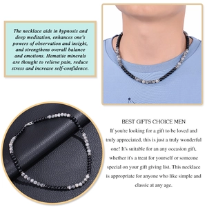 Detail of 6mm map stone and hematite beaded necklace for men with benefits text