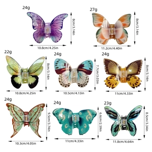Butterfly hair claw clips set in various colorful patterns with size and weight details