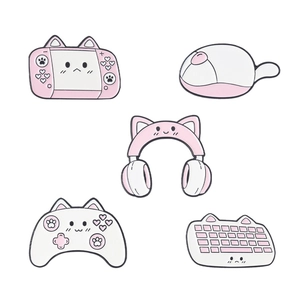 Five-piece set of cute pink and white cat-themed gaming enamel pins and badges