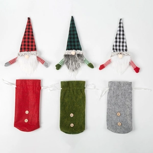 3-pack Christmas gnome wine bottle covers in red green and grey plaid fabric