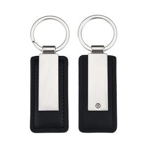 Classic black PU leather and silver metal rectangular keychains shown in front and back view