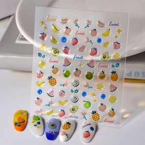 3D embossed fruit nail stickers featuring strawberry and peach designs on white backdrop