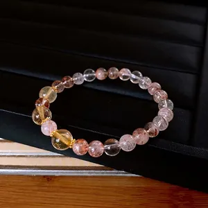 Citrine Rutilated Quartz Beaded Bracelet With Copper Flower Spacer Elegant Handmade Jewelry For Women