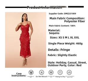 Detail view of red sequin dress showing fabric specs, size chart, and polyester material