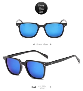 Detail of square black frame sunglasses featuring blue mirror lenses and silver rivets