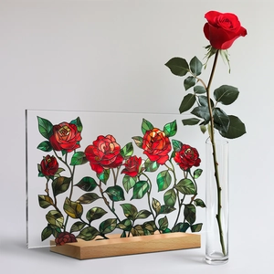 Detail view of a 3D floral acrylic plaque with red rose design on a wooden base