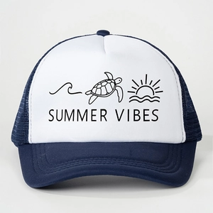 Close-up of Summer Vibes print and breathable blue mesh on the trucker hat