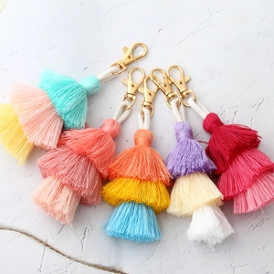 Handmade 3-layer colorful cotton tassel keychain pendant with golden lobster clasp