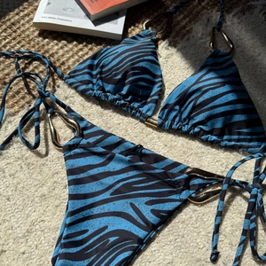 Detailed macro shot of zebra print bikini with elegant golden teardrop metal buckles