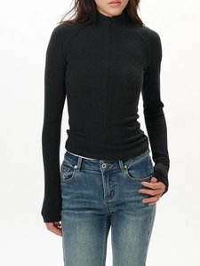 Close-up of slim fit dark grey mock neck top with quarter zipper and ribbed texture