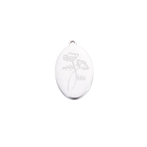 Detail of silver oval stainless steel pendant with delicate engraved birthday flower pattern
