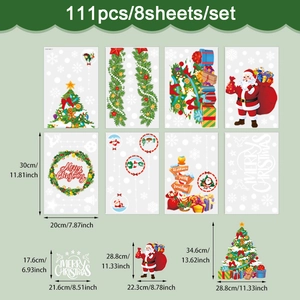Detailed size specifications for 111pcs Christmas window stickers across 8 sheets