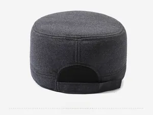 Rear view detail of dark gray wool flat top hat showing adjustable strap and texture
