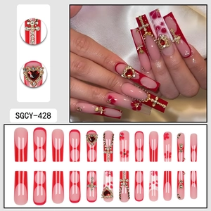 Long coffin red French nails with gold rose and cross rhinestone Gothic press on kit