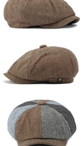 Close-up of vintage newsboy cap showing patchwork tweed fabric and metal button detail