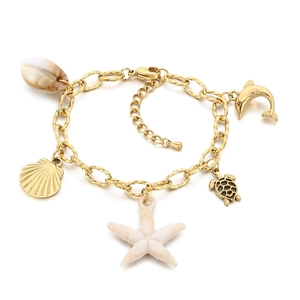 Bracelet en acier inoxydable doré 18K avec pendentifs étoile de mer, tortue et dauphin