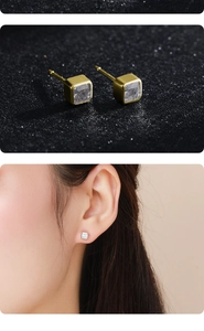 Macro view and model side shot of gold square zircon studs on S925 sterling silver base