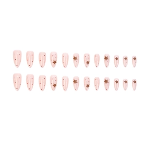 Sweet almond press-on nails set with brown star and polka dot patterns on nude base
