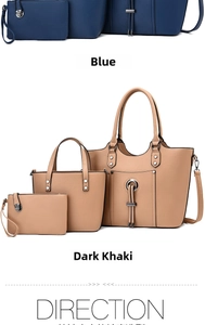 Blue and dark khaki three-piece tote bag set with metal ring decor and tassels