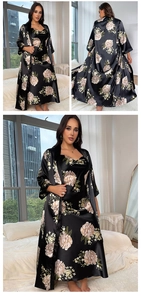 Detail view of black floral satin sleepwear set with long robe and lace-up design