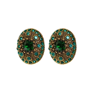 Vintage emerald-style oval stud earrings with green rhinestones in a gold-plated setting