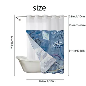 Detailed size chart for marine themed double-layer shower curtain with dolphin and whale print