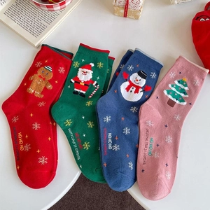 Christmas Crew Socks Cotton Blend Cartoon Santa Claus Gingerbread Snowman Pattern Festive Winter Holiday For Women