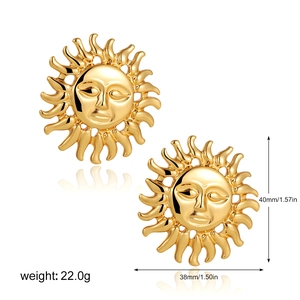 Detailed size view of 18K gold sun face earrings measuring 40mm by 38mm