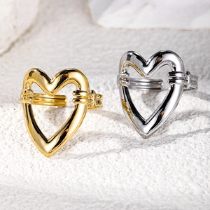 Minimalist 18K gold and silver plated stainless steel hollow heart open rings set