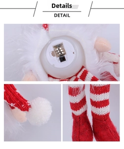 Vue détaillée du gnome de Noël montrant le boîtier pile, bonnet rouge et jambes rayées
