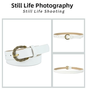 Detail shot of white snakeskin texture PU belt with gold spiral buckle for women